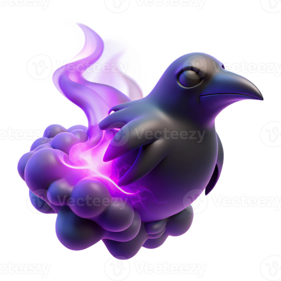 wonderful creative A wisp of smoke forming the silhouette of a raven, imbued with a violet magical glow, under a twilight sky, in a mysterious art style high resolution png