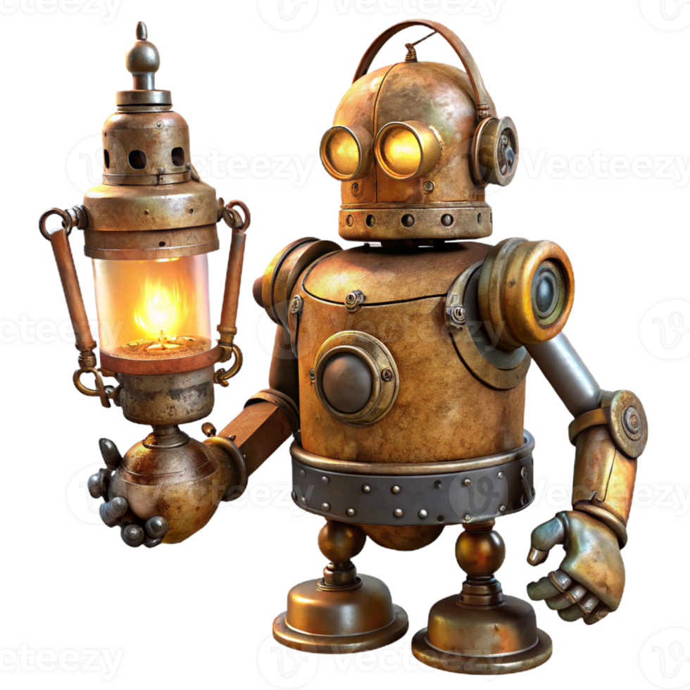 serene vintage A rusty, steampunk robot with intricate gears and glowing vacuum tubes, holding a flickering oil lamp, in a dimly lit workshop setting, rendered in a vintage illustration style genuine png