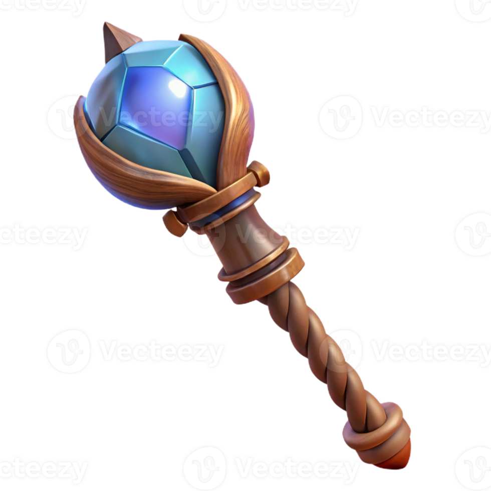 beautiful rustic A powerful magic staff, carved from ancient wood, topped with a pulsating crystal orb, illuminated by a beam of moonlight. Tribal art style exclusive png