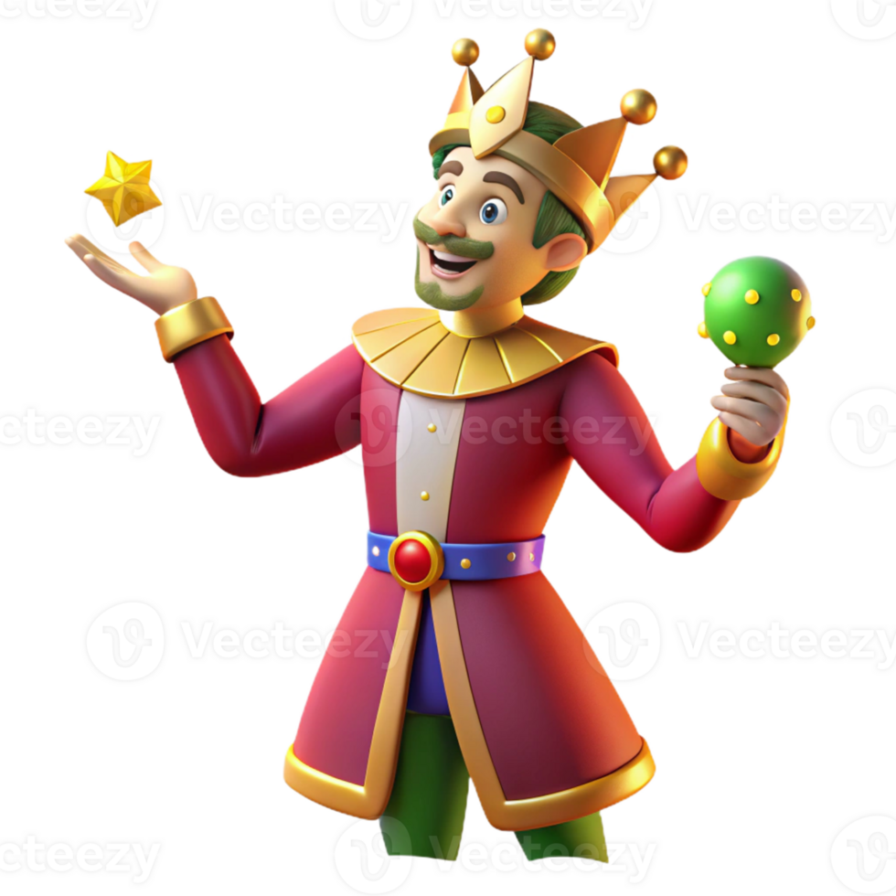 serene modern A medieval jester performs for the king and queen, bright, colorful lighting, medieval illustration style high resolution png