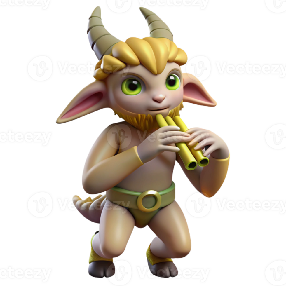 magnificent contemporary A playful satyr with goat legs and horns, playing a pan flute in a forest glade. Classical fantasy art style detailed png