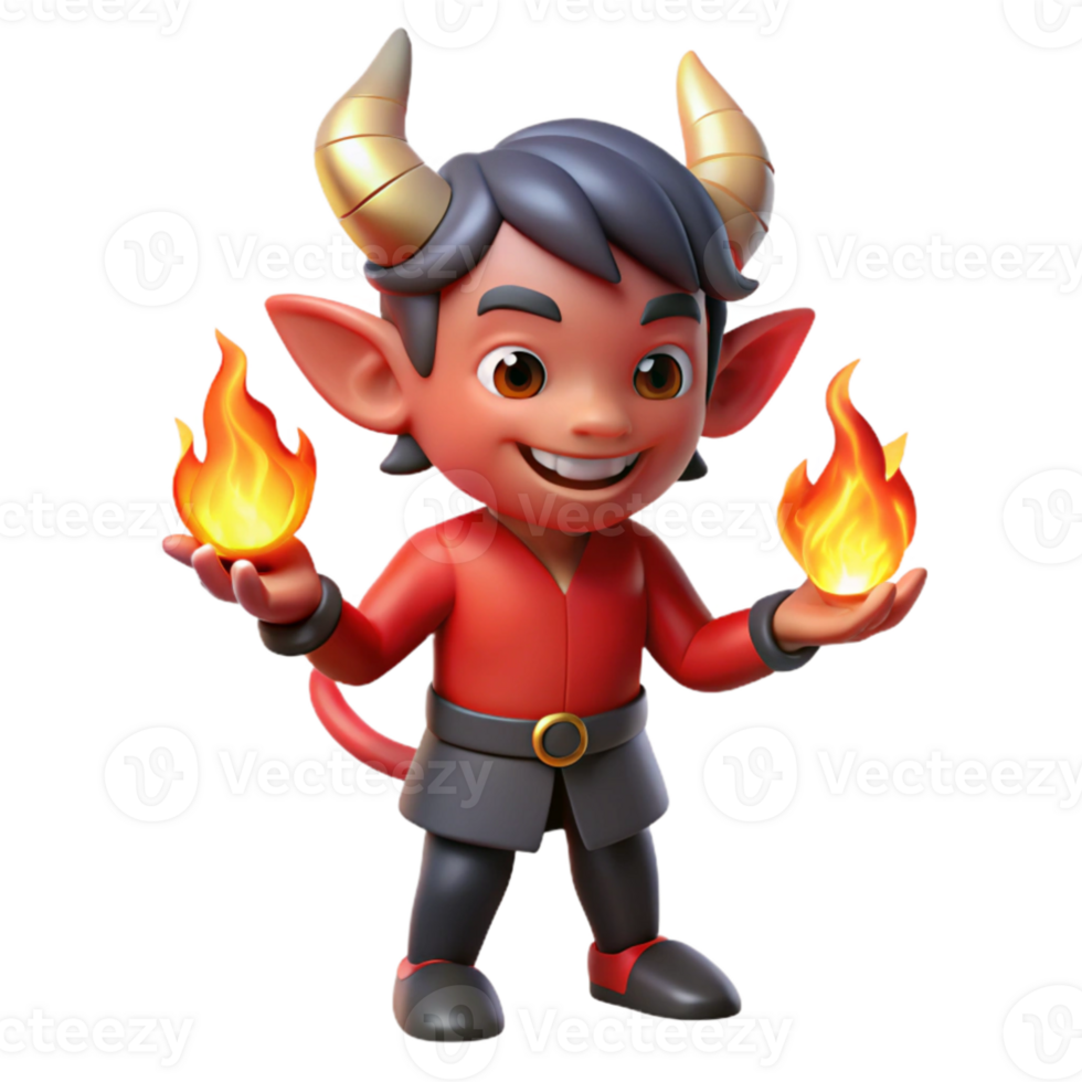 extraordinary rustic A mischievous imp with fiery red skin and horns, juggling glowing embers, lit by the flickering flames of a campfire. Cartoon style exclusive png