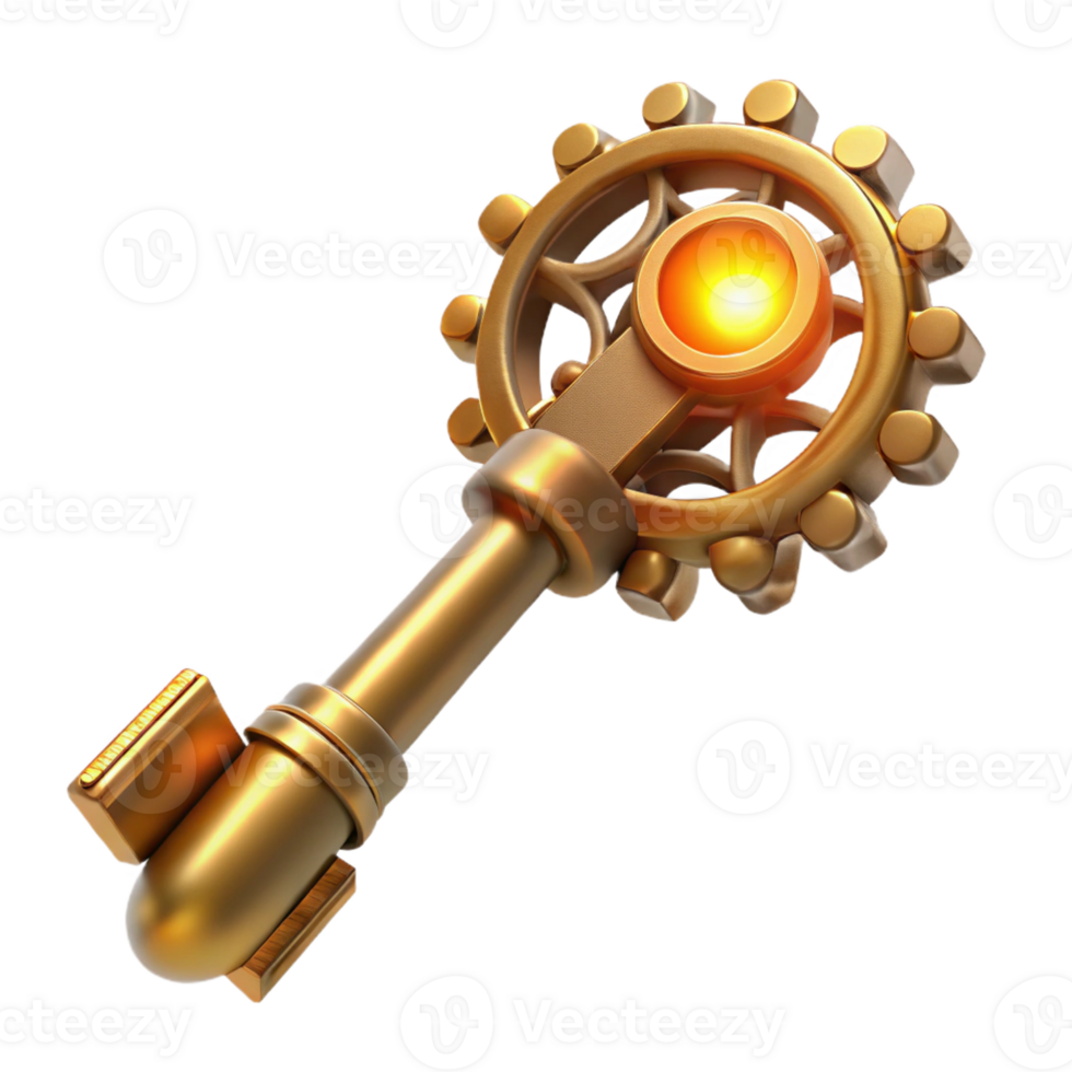 elegant abstract A steampunk key, with intricate gears and filigree designs, made of polished brass, lit by a single, focused beam of light genuine png