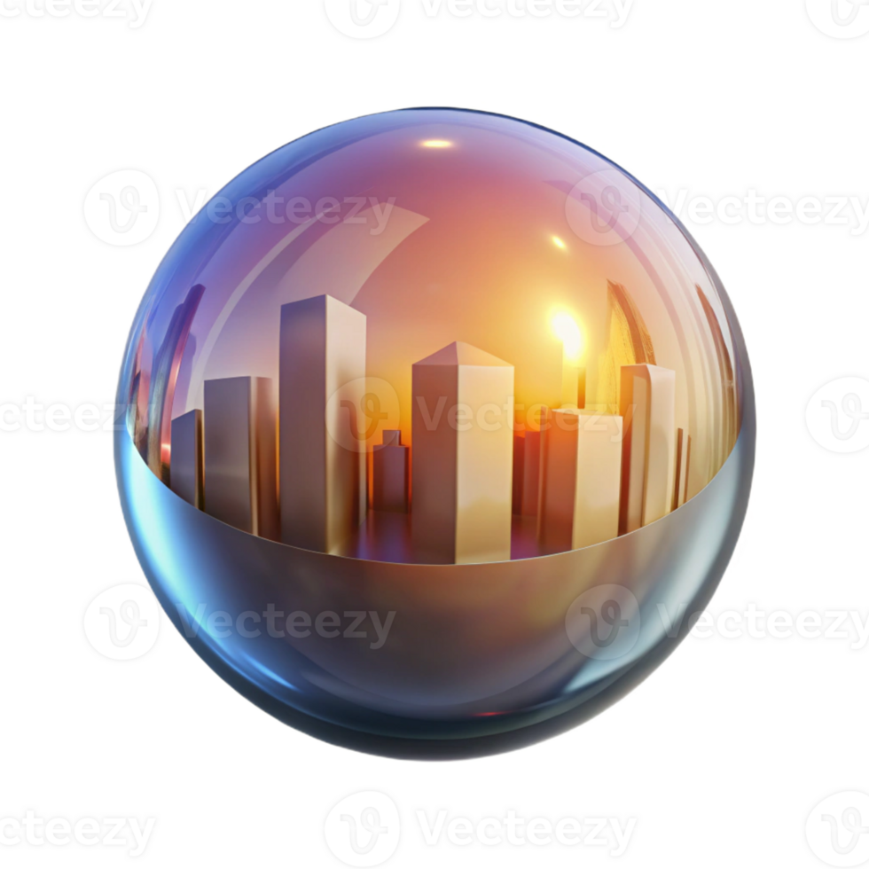 magnificent vintage A single, glowing orb reflecting a distorted cityscape. Abstract style 4K png