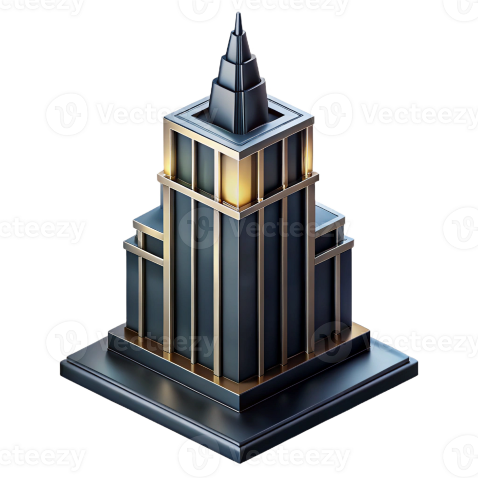 beautiful creative Art Deco skyscraper, chrome and black glass, sharp edges, volumetric lighting, isometric view, cinematic, premium png