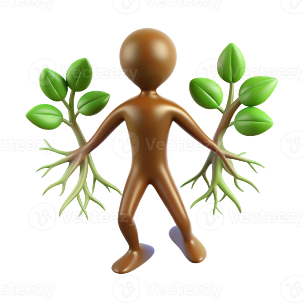 serene creative A human figure with roots growing from their feet, transforming into a tree. Environmental art style high quality png