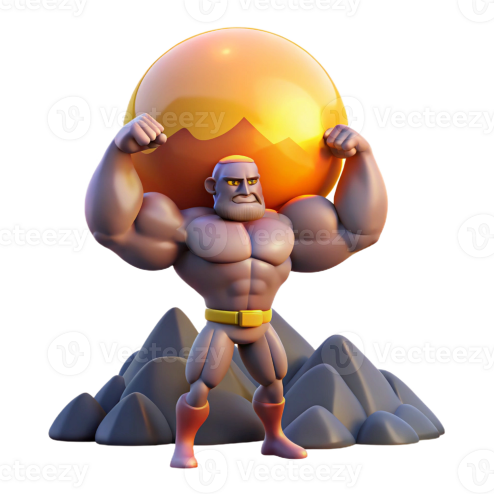 extraordinary abstract A powerful titan holding a mountain aloft, muscles bulging, lit by the setting sun, in a colossal, Romantic style detailed png