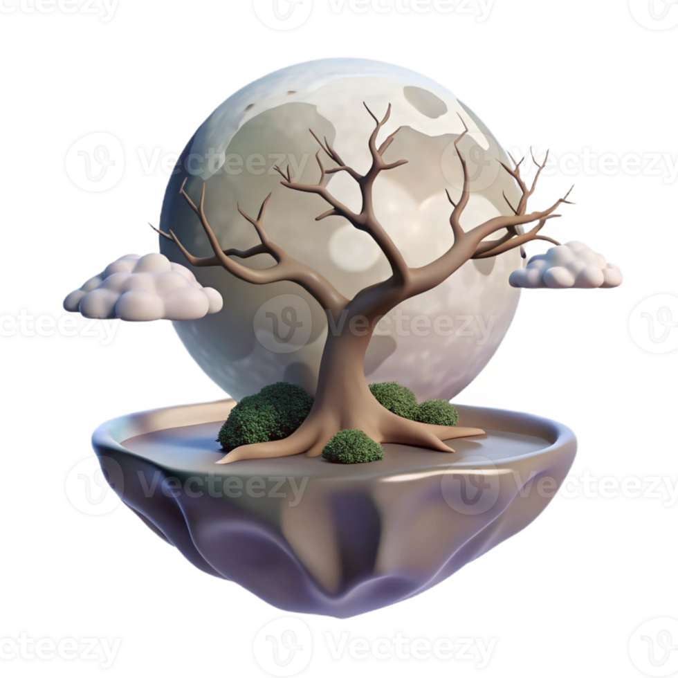 vibrant abstract A floating island with a single tree growing on it, its branches reaching towards a giant moon. Dreamlike style genuine png