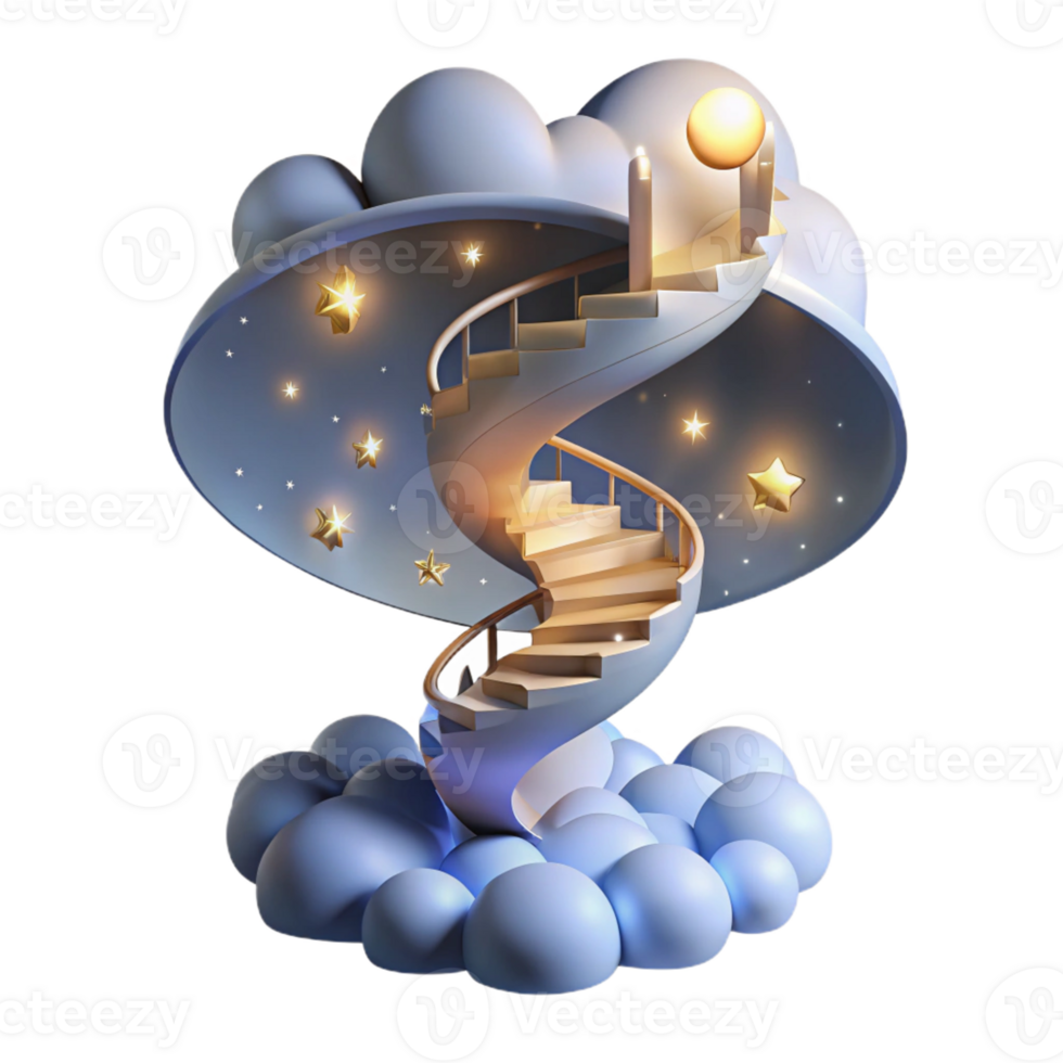 beautiful creative A spiral staircase ascending into a swirling vortex of clouds and stars, illuminated by a celestial glow, Surrealism style high resolution png
