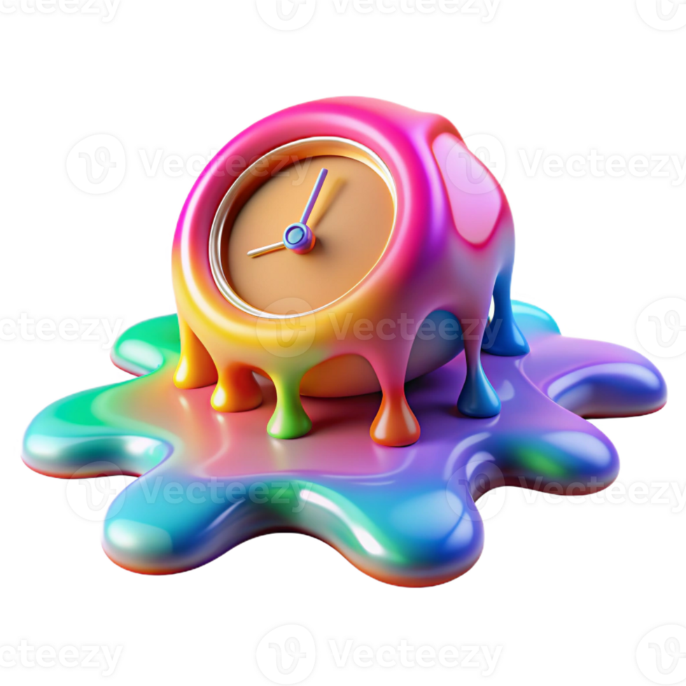 vibrant vintage A clock with its hands melting into a puddle of rainbow-colored liquid. Psychedelic style 4K png