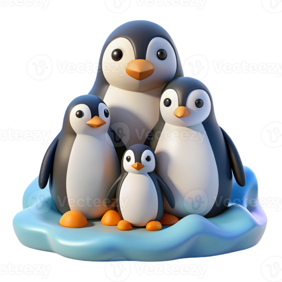 magnificent rustic A family of penguins huddled together on a snowy landscape, rendered in a cute, cartoonish style with simple shapes and bold colors premium png