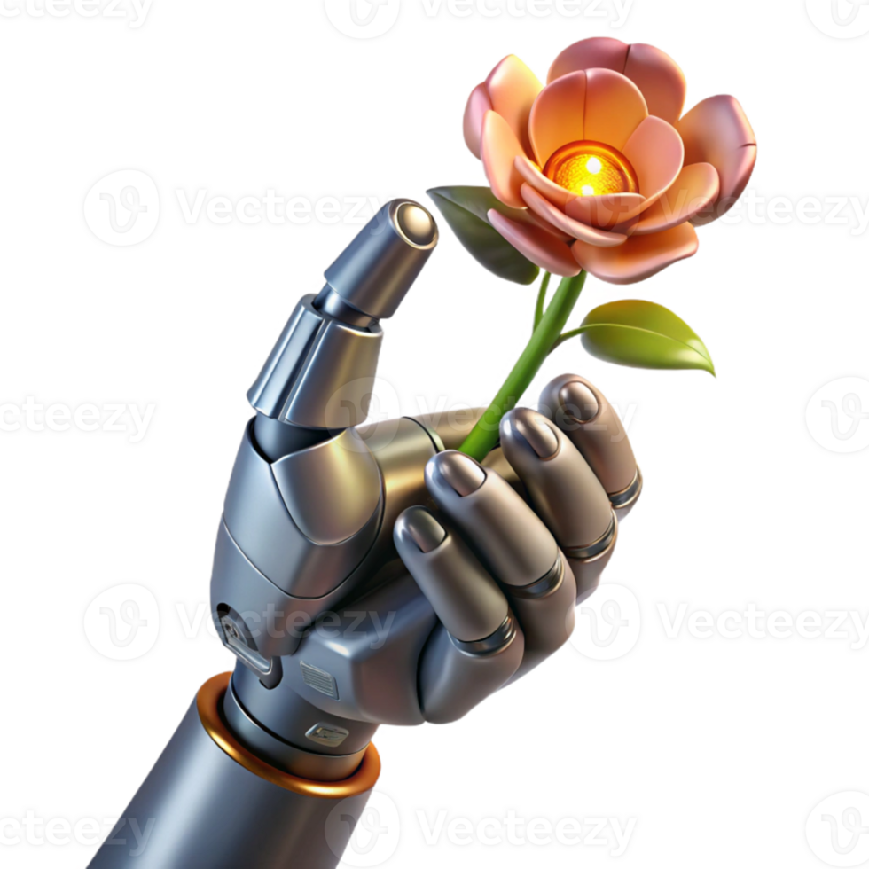 serene rustic A decaying robot hand clutching a wilting flower, illuminated by dim grey light, in a post-apocalyptic style professional png