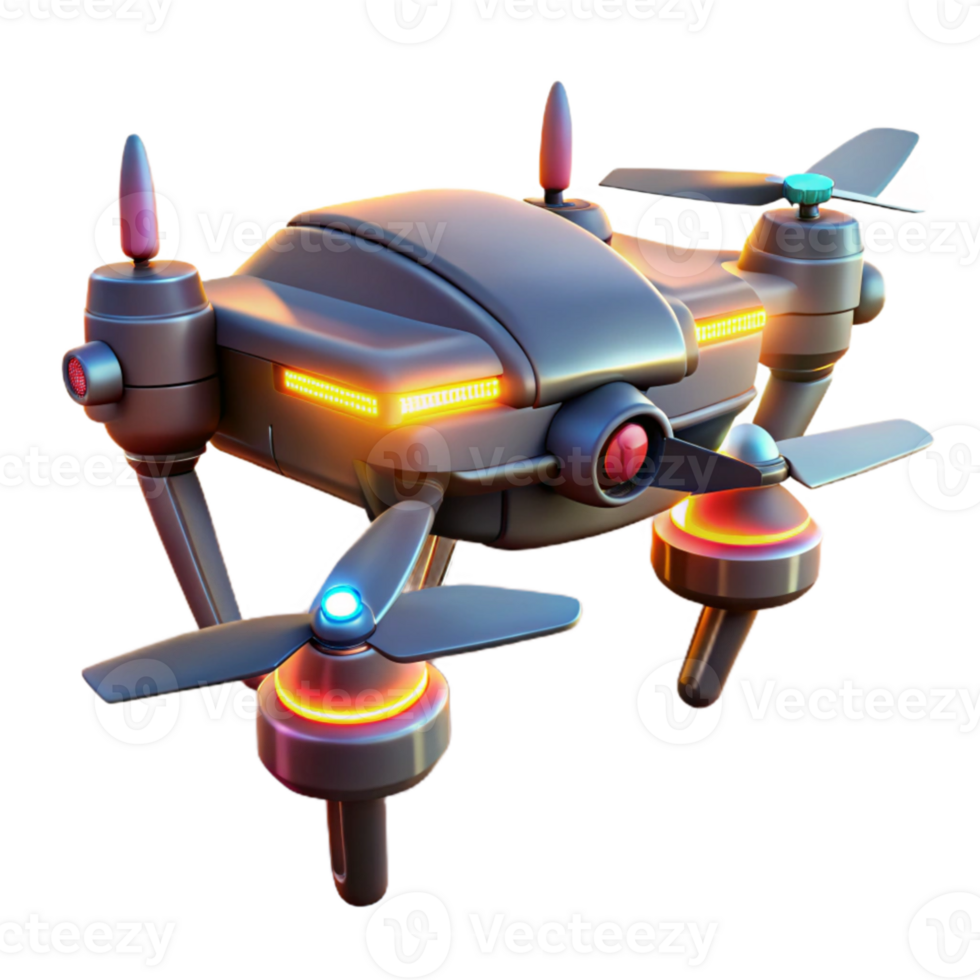 impressive modern A futuristic drone with sleek, aerodynamic lines, equipped with glowing laser cannons, illuminated by the warm light of a setting sun. Photorealistic style original png
