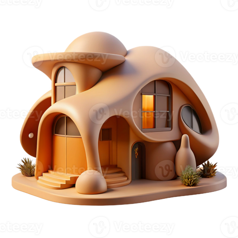 wonderful contemporary Organic architecture house, flowing curves, natural materials, soft daylight, warm tones, painterly style exclusive png
