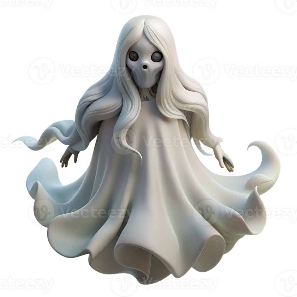 stunning artistic A ghostly figure floating in a dark forest, shrouded in mist, with a pale face and long, flowing hair. Romantic horror style premium png