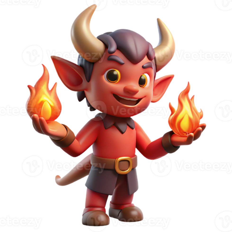 stunning artistic A mischievous imp with fiery red skin and horns, juggling glowing embers, lit by the flickering flames of a campfire. Cartoon style professional png