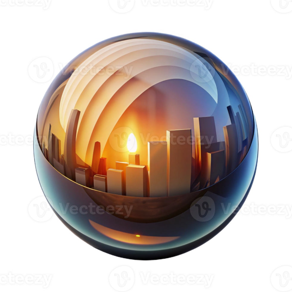 serene modern A single, glowing orb reflecting a distorted cityscape. Abstract style authentic png