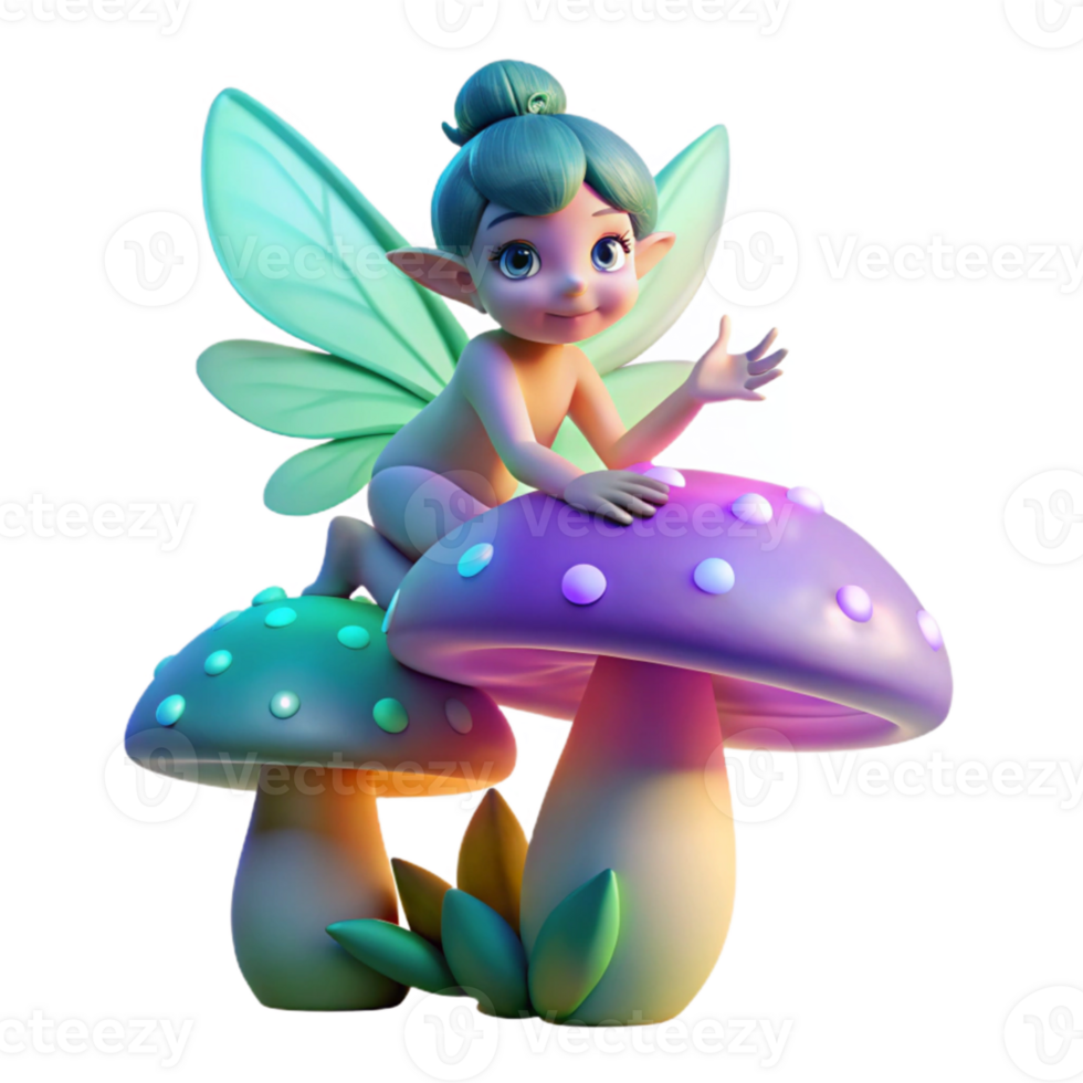beautiful artistic A mischievous pixie with iridescent wings, perched on a giant glowing mushroom, illuminated by bioluminescent flora. Soft focus, dreamlike art style genuine png