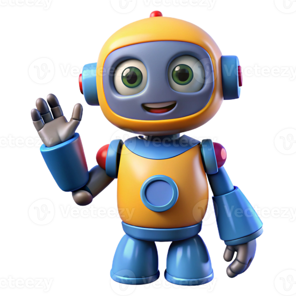serene rustic A friendly, cartoonish robot with oversized eyes and bright primary colors, waving hello, lit by soft, diffused daylight. Cartoon style 4K png