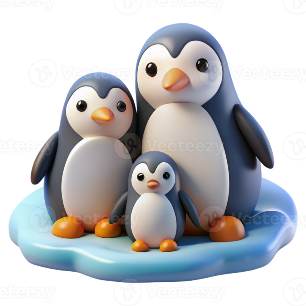 impressive artistic A family of penguins huddled together on a snowy landscape, rendered in a cute, cartoonish style with simple shapes and bold colors detailed png