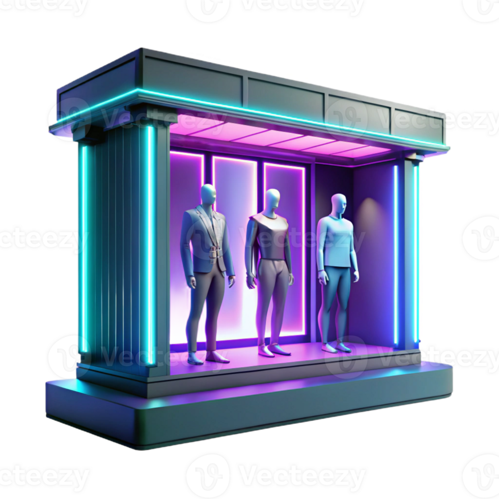 impressive creative A brightly lit storefront window displaying mannequins in futuristic clothing. Cyberpunk style, neon lighting exclusive png