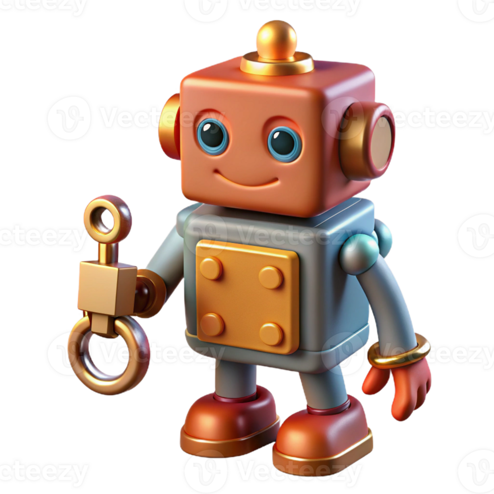 vibrant creative A vintage toy robot with wind-up key and boxy design, lit by warm, nostalgic lighting, in a retro illustration style detailed png