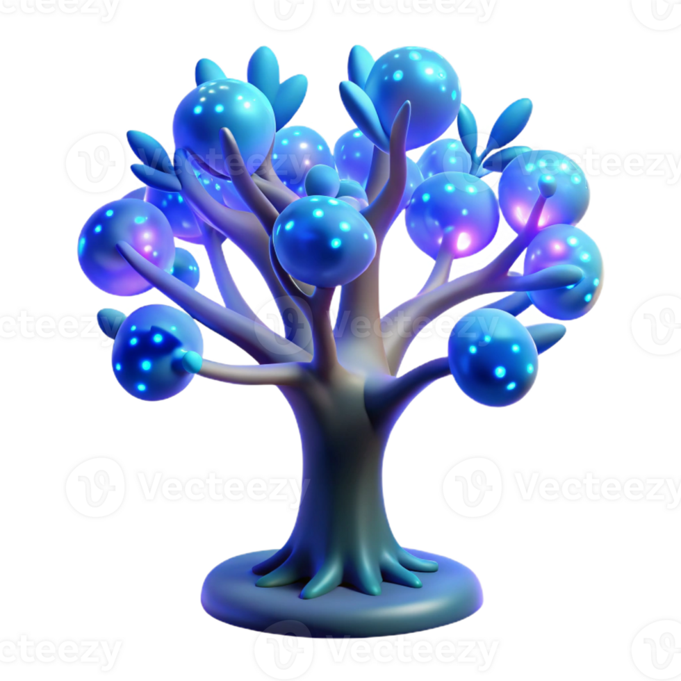 elegant contemporary A bioluminescent tree with glowing branches and pulsating leaves, surrounded by strange, glowing flora, illuminated by a soft blue light in a surreal style premium png