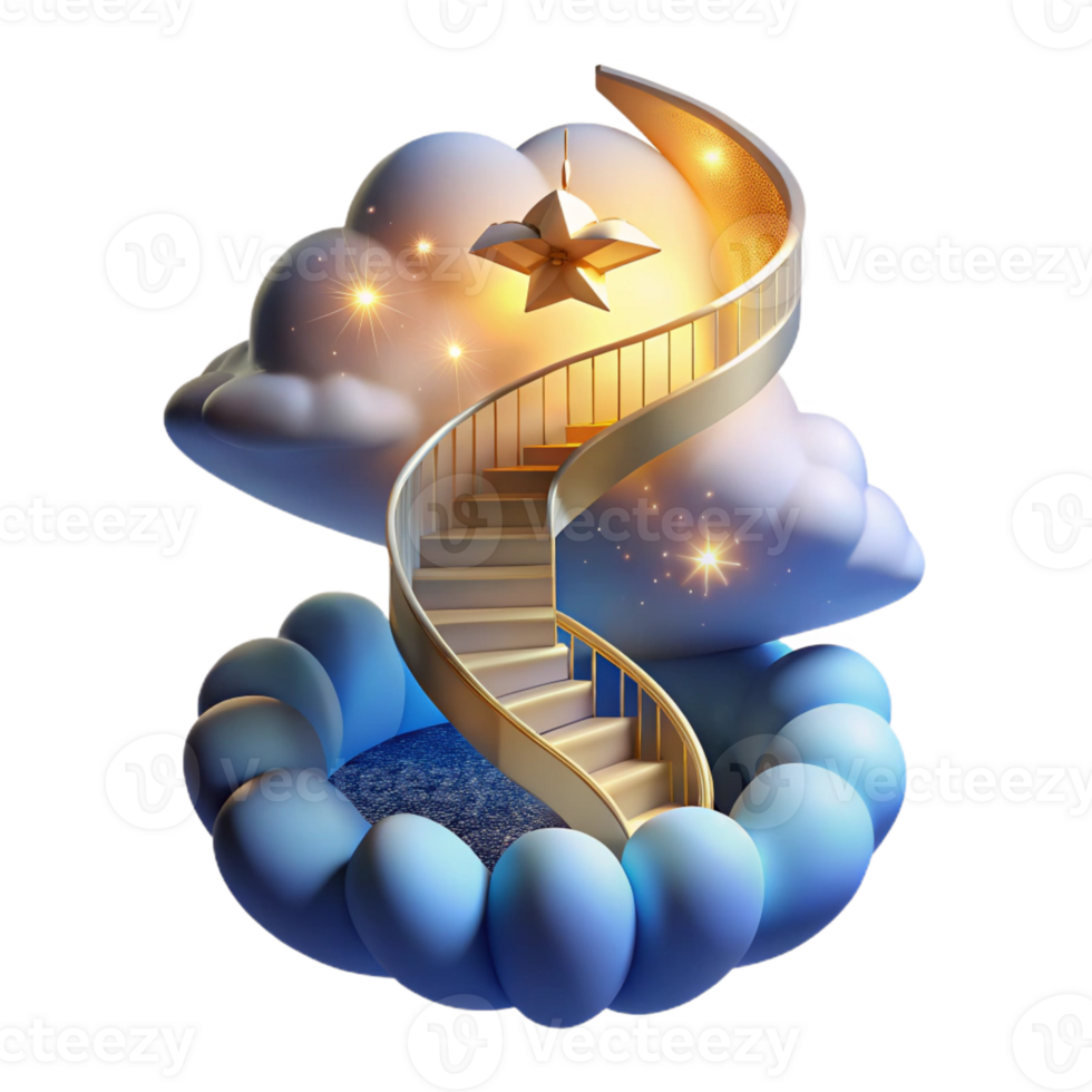 magnificent minimalist A spiral staircase ascending into a swirling vortex of clouds and stars, illuminated by a celestial glow, Surrealism style authentic png