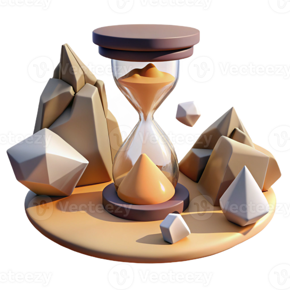 wonderful contemporary A desert landscape with floating rocks and a giant, cracked hourglass. Surrealism style high quality png
