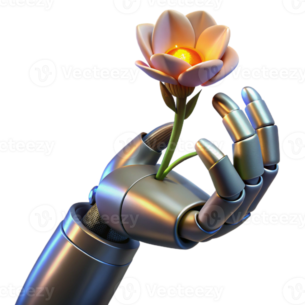 impressive traditional A decaying robot hand clutching a wilting flower, illuminated by dim grey light, in a post-apocalyptic style exclusive png