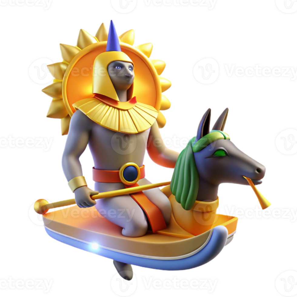vibrant traditional A stoic Egyptian god Ra riding his solar barque across the sky, ancient Egyptian style, hieroglyphs, vibrant colors, sun rays exclusive png