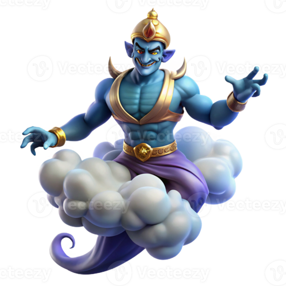 serene creative A powerful djinn emerging from a swirling cloud of smoke, illuminated by flickering torches. Orientalist fantasy art style high quality png