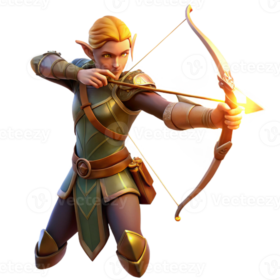 beautiful minimalist A graceful elf archer aiming a bow, clad in leather armor, lit by the golden rays of a setting sun. Romantic fantasy, realistic style premium png