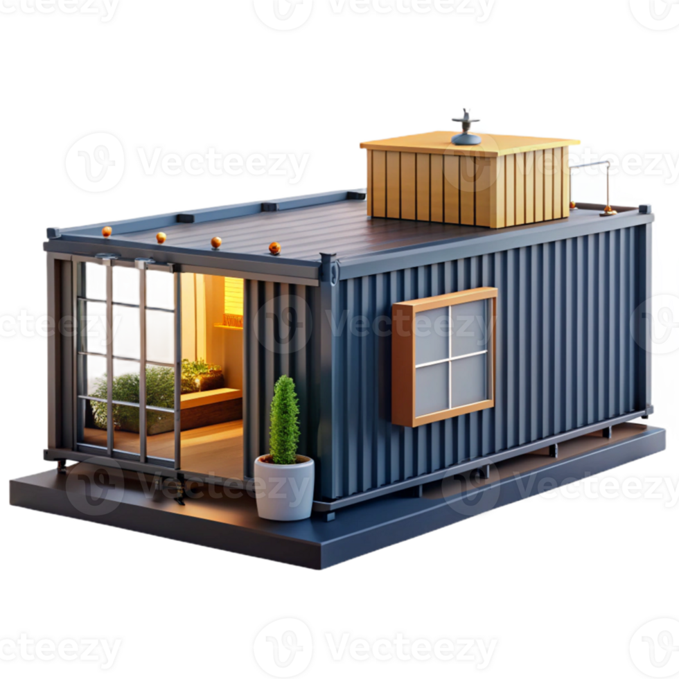 beautiful abstract Shipping container home, industrial chic, upcycled materials, customizable layout, daylight 4K png