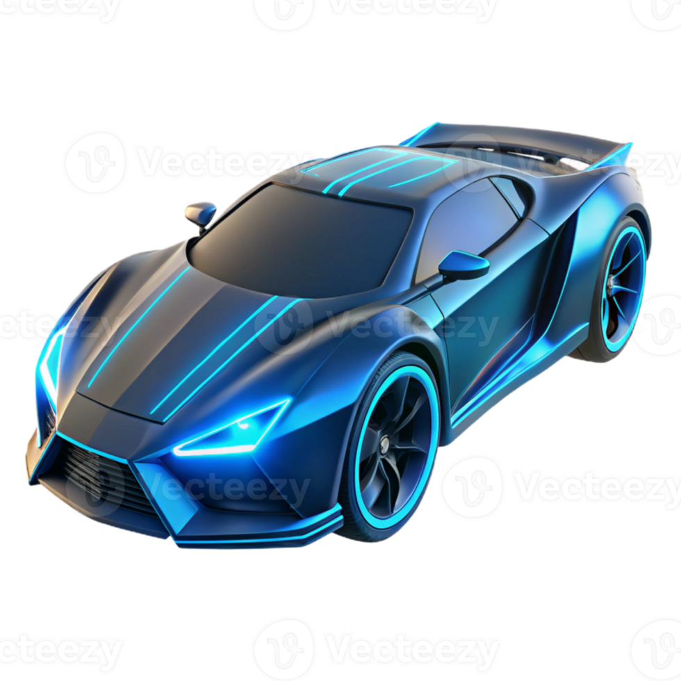 serene abstract A futuristic sports car with glowing neon blue lines, hovering above the ground, sleek and aerodynamic design, cyberpunk style high quality png