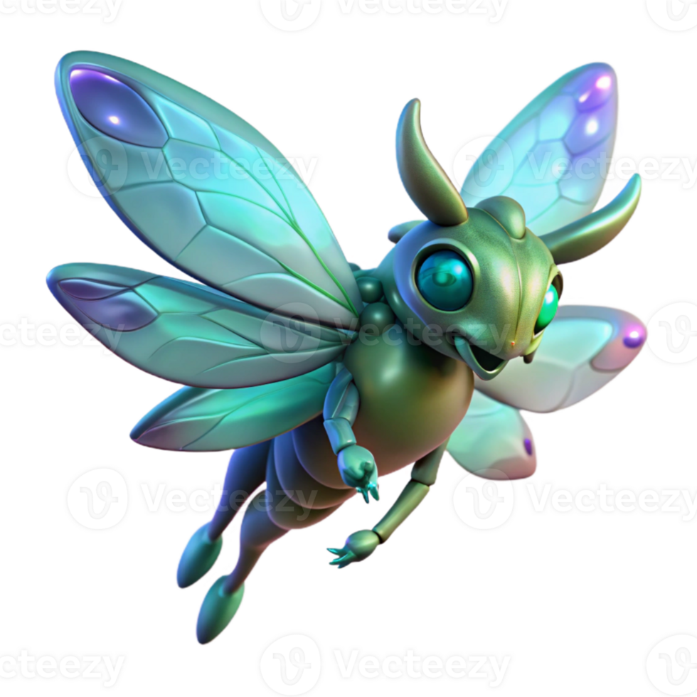 beautiful classic A bio-engineered creature with shimmering wings flies through a bioluminescent forest. Soft lighting, fantasy style 4K png