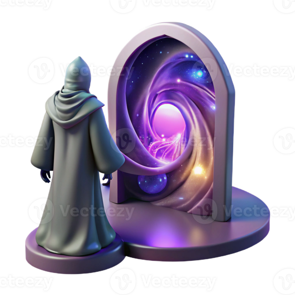 stunning creative A mysterious, hooded figure standing before a portal to another dimension, swirling with cosmic energy. Ethereal, otherworldly lighting. Surrealism style high resolution png