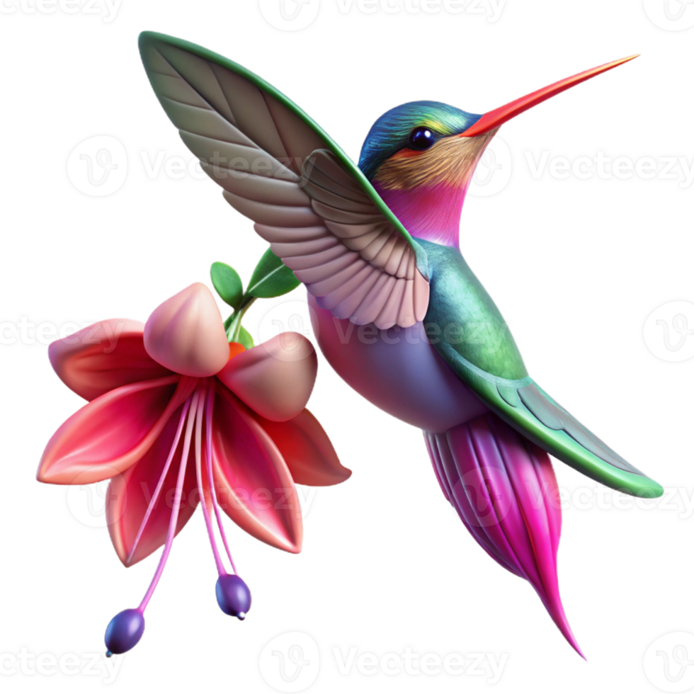 wonderful minimalist A tiny hummingbird hovering over a vibrant fuchsia flower, droplets of dew clinging to its iridescent feathers, in a macro photography style premium png