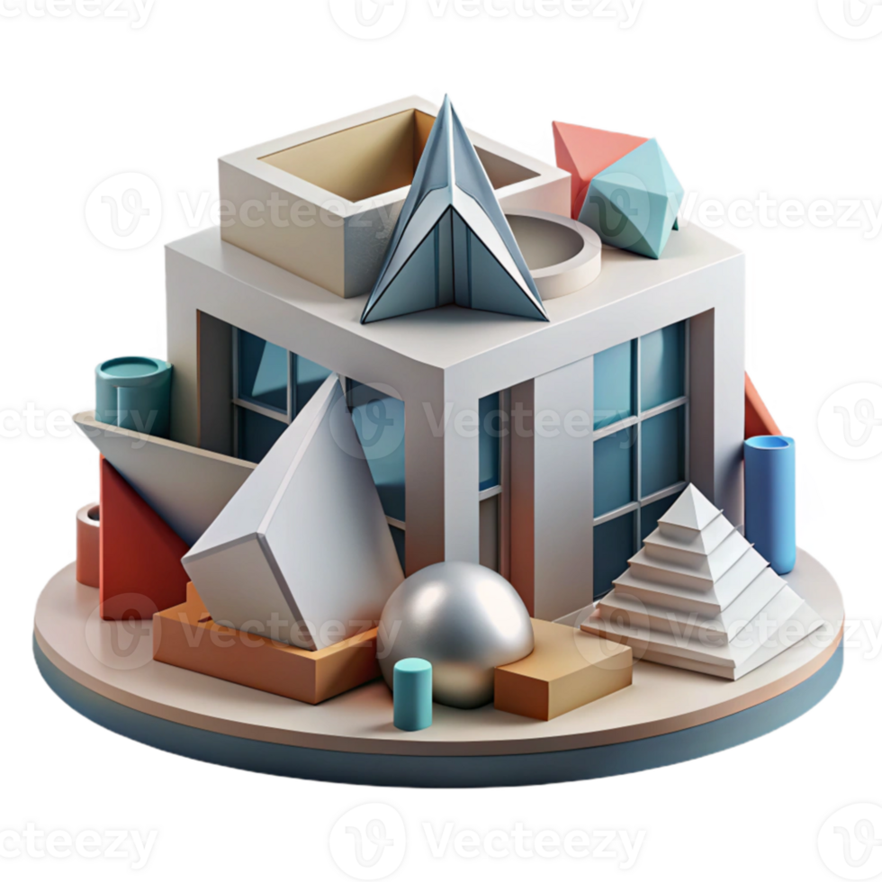 sereno resumen deconstructivista museo, fragmentado formularios, angular formas, dinámica composición, iluminacion genuino png