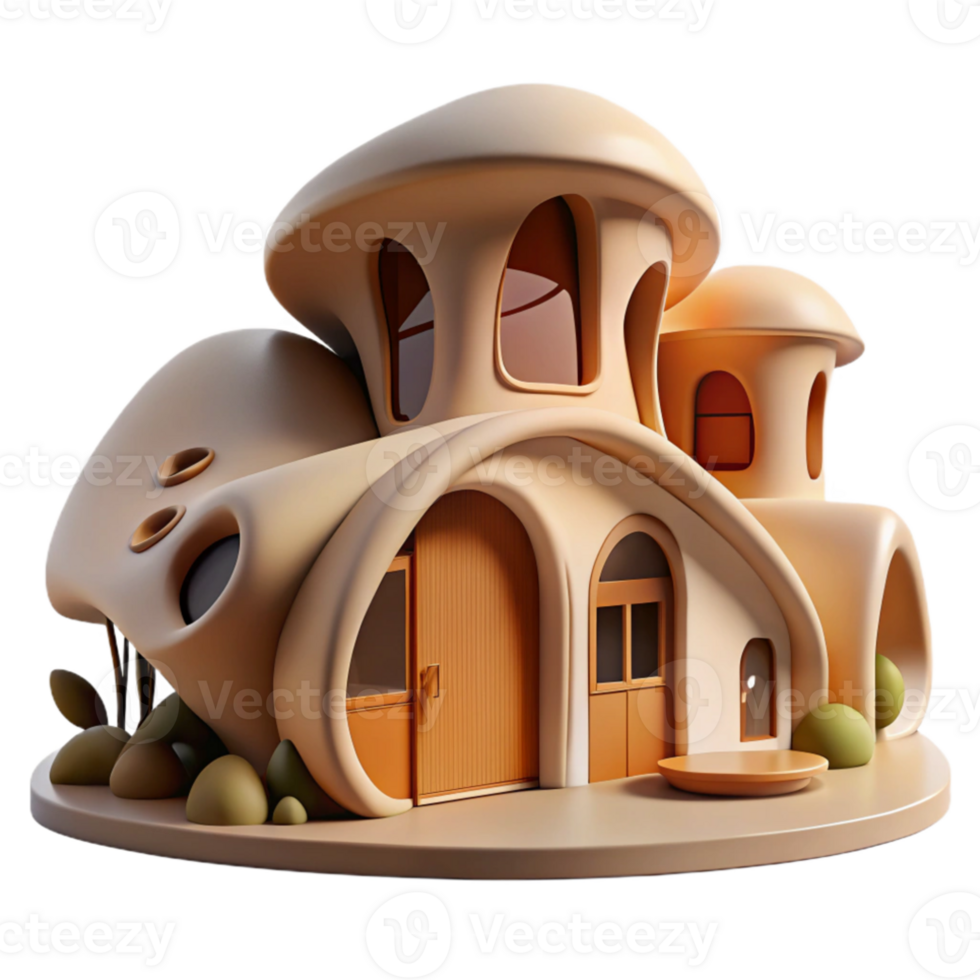 stunning rustic Organic architecture house, flowing curves, natural materials, soft daylight, warm tones, painterly style high quality png