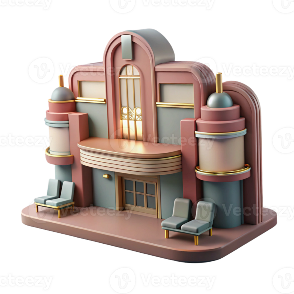 wonderful modern A decaying Art Deco cinema, faded glamour, haunting atmosphere, muted colors high quality png
