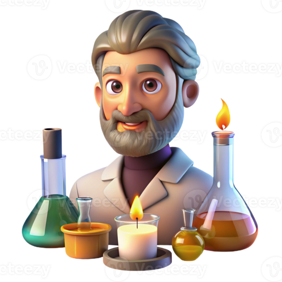 elegant traditional Portrait of a curious alchemist with vials, beakers, and strange ingredients surrounding them. Warm, flickering candlelight high resolution png