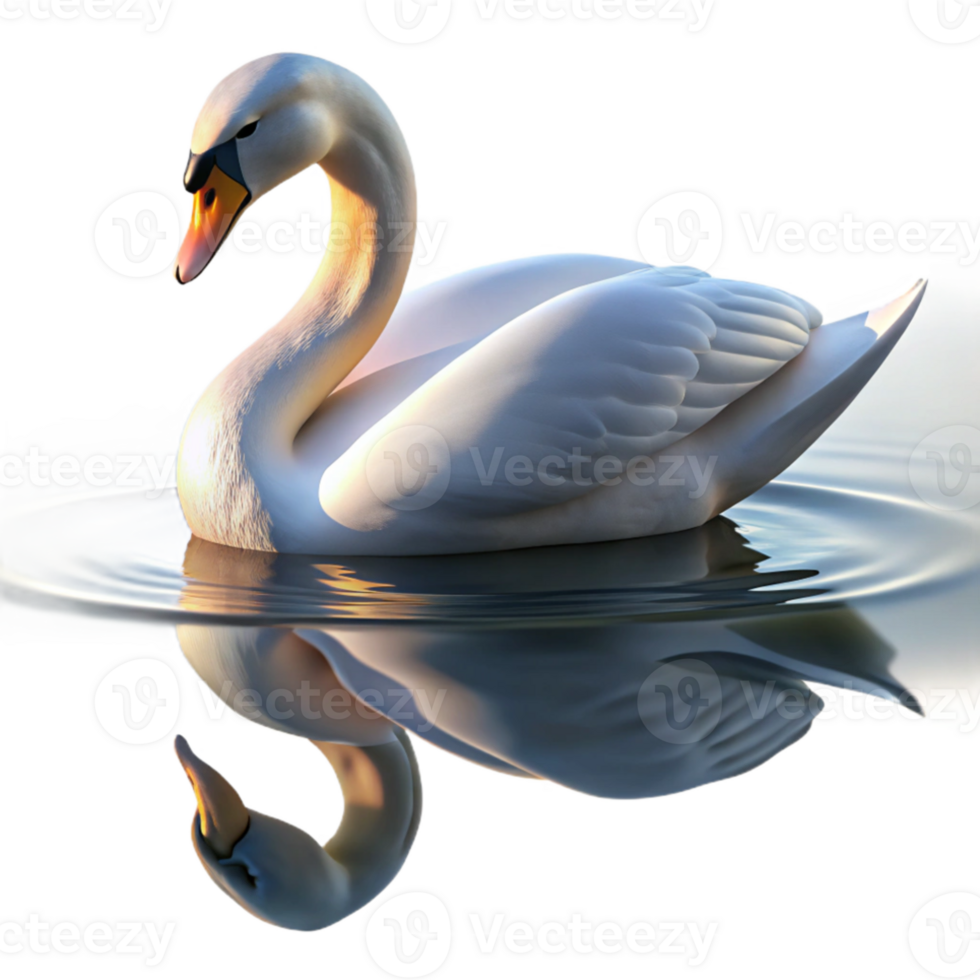 extraordinary rustic A graceful swan gliding across a calm lake, with its reflection shimmering in the water, under a soft, morning light, in a serene, nature photography style high quality png