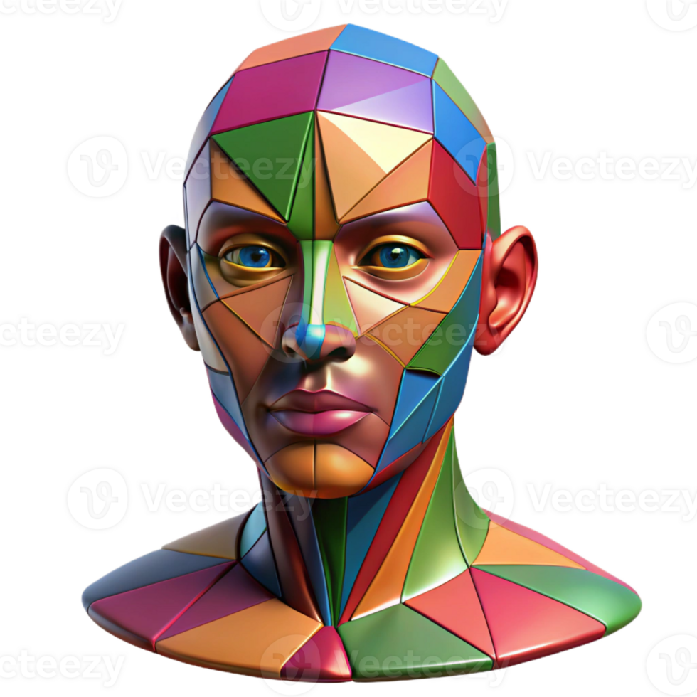 stunning minimalist A portrait of a human face made of colorful geometric shapes and fractal patterns, in a cubist style, exclusive png