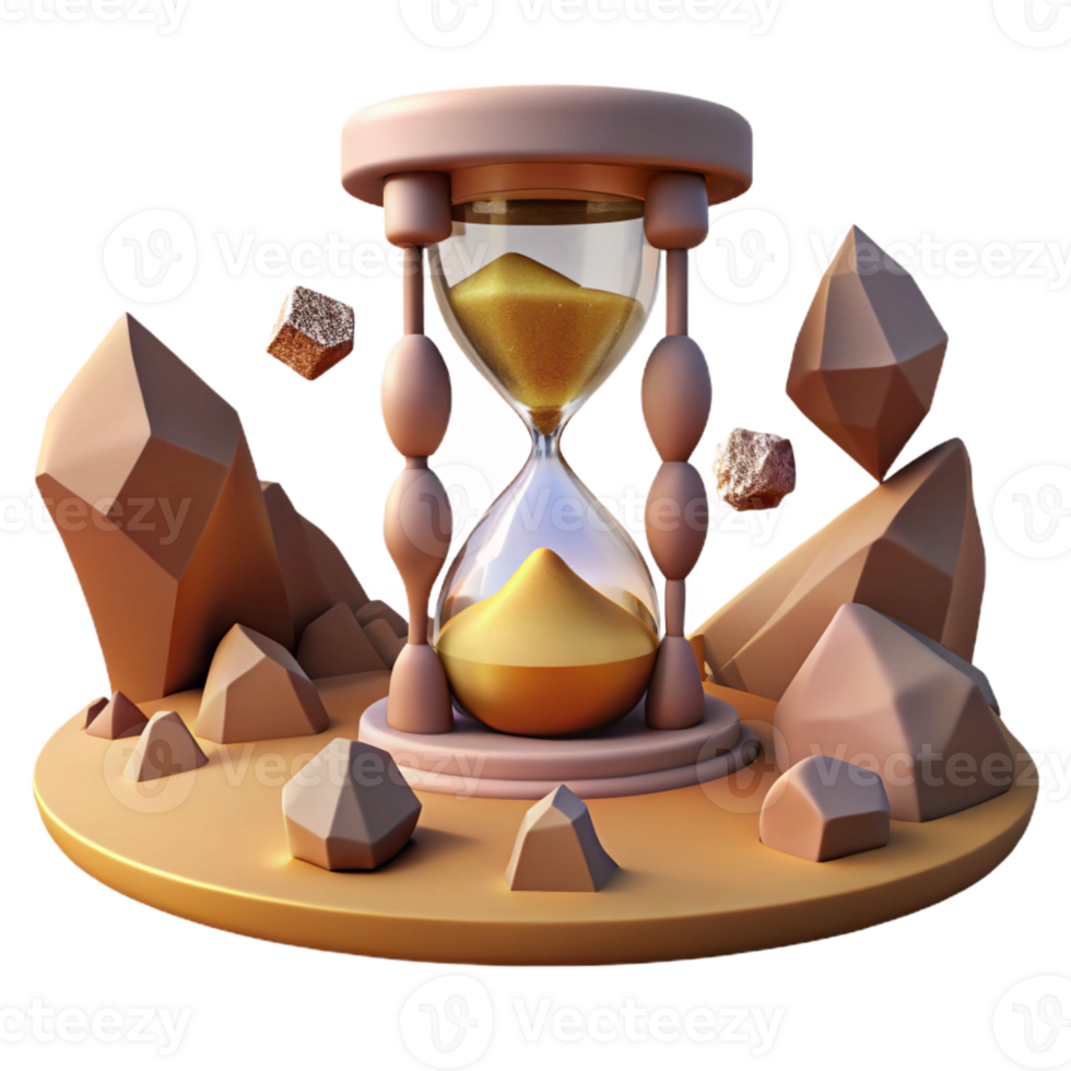 stunning vintage A desert landscape with floating rocks and a giant, cracked hourglass. Surrealism style detailed png