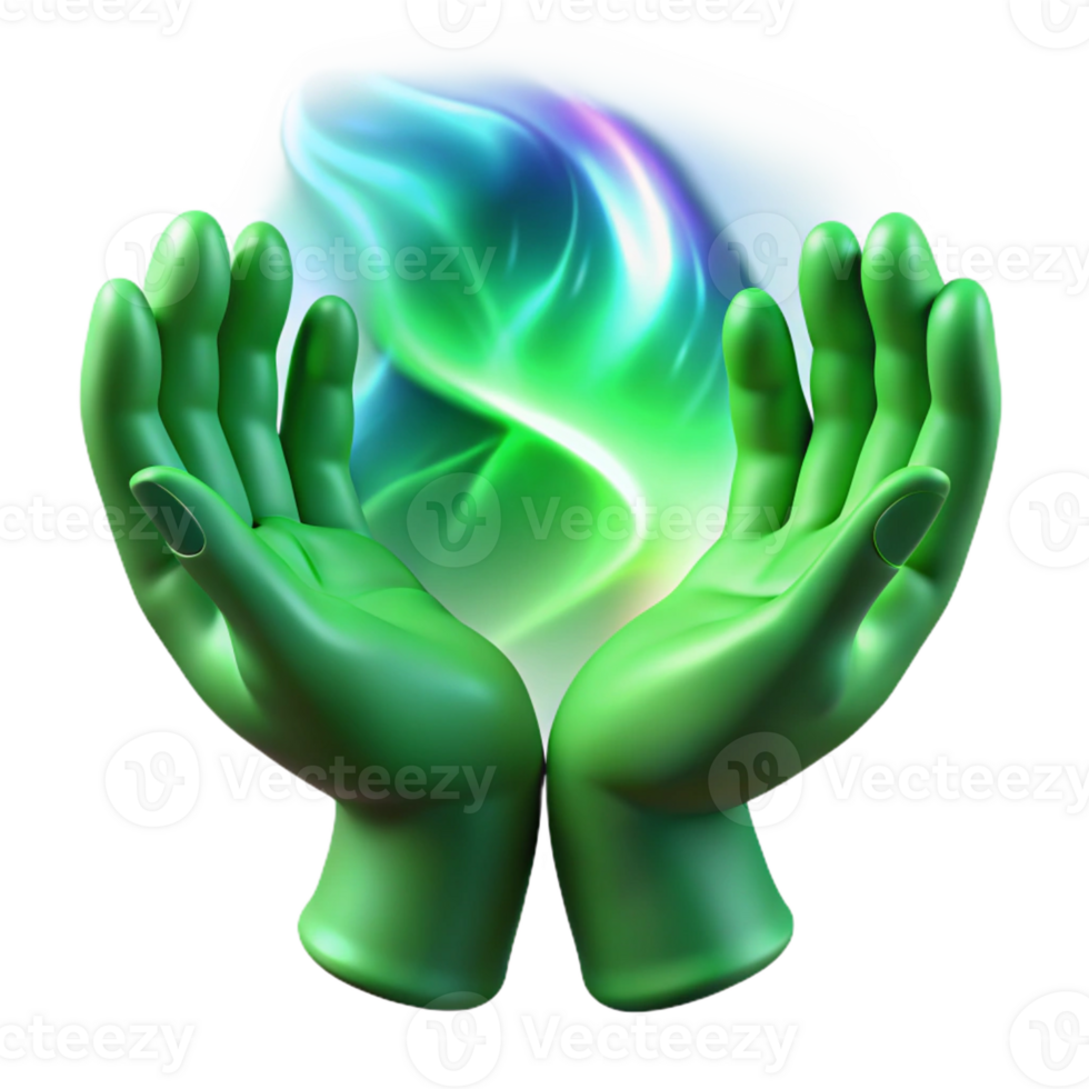 vibrant contemporary A pair of spectral hands weaving a tapestry of emerald green energy, illuminated by a celestial aurora borealis, in a ethereal art style high resolution png
