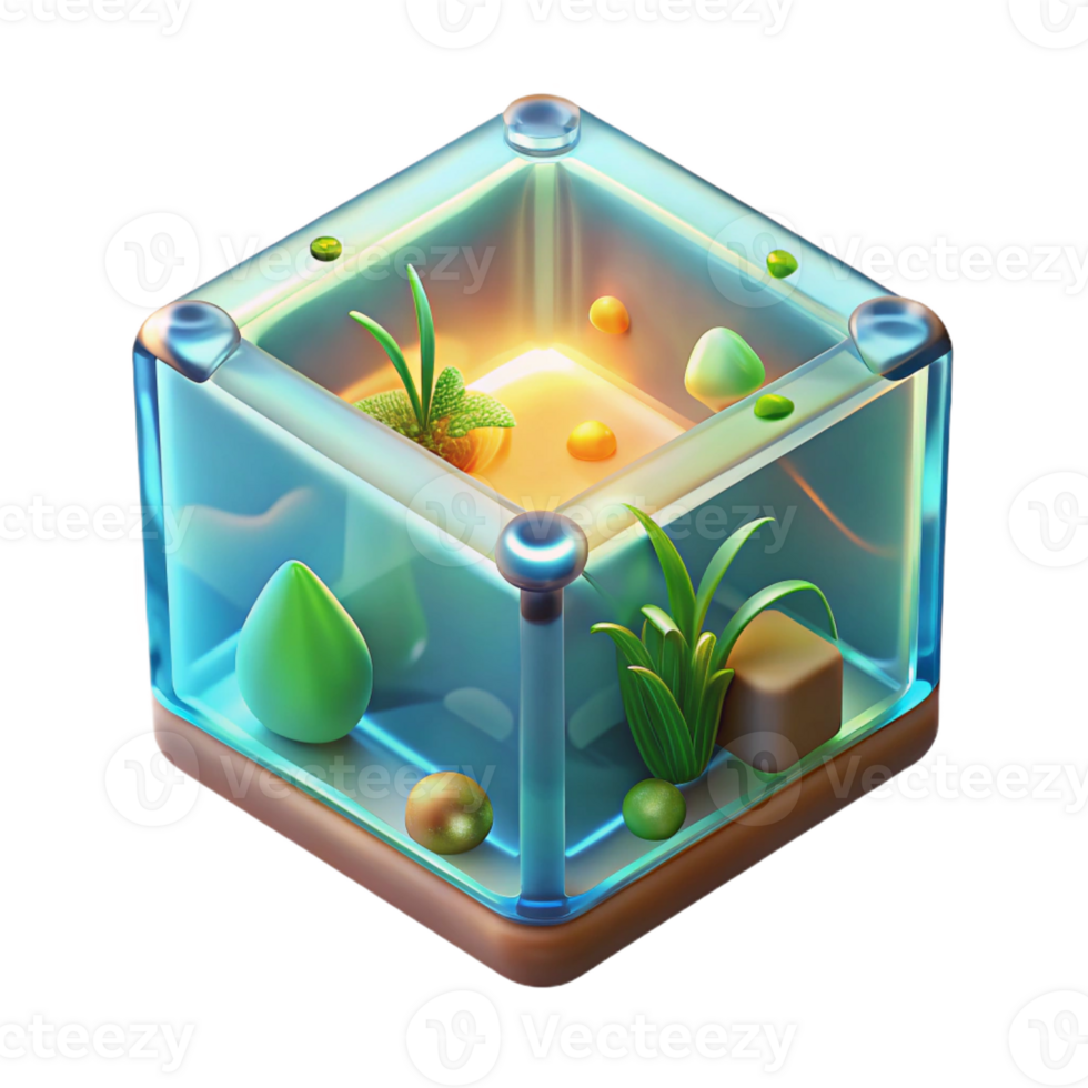 magnificent creative A transparent, levitating cube containing a simulated ecosystem, miniature plants and creatures visible, lit by a warm, sunlight-like glow authentic png