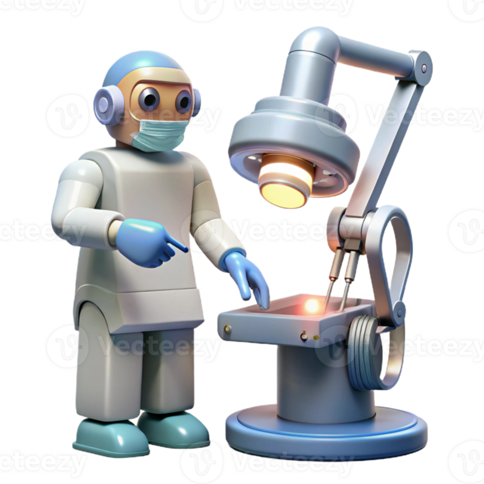 dramatic traditional An AI-powered robotic surgeon performing a delicate operation with precision instruments, lit by a focused surgical lamp. Medical illustration, photorealistic style professional png