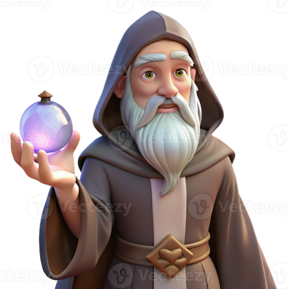 impressive rustic A wise old wizard with a long white beard, holding a glowing crystal orb, in a dimly lit study. Baroque painting style professional png