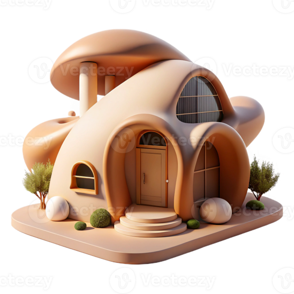stunning classic Organic architecture house, flowing curves, natural materials, soft daylight, warm tones, painterly style high resolution png